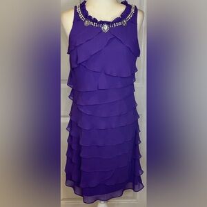 S.L. Fashions Dress Ruffle Rhinestone Faux Pearl Neckline Sleeveless Purple 12
